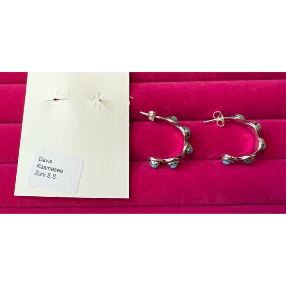 Zuni Handmade Turquoise Sterling Silver Hoop Earrings By Davis Kaamasee - Picture 5 of 6